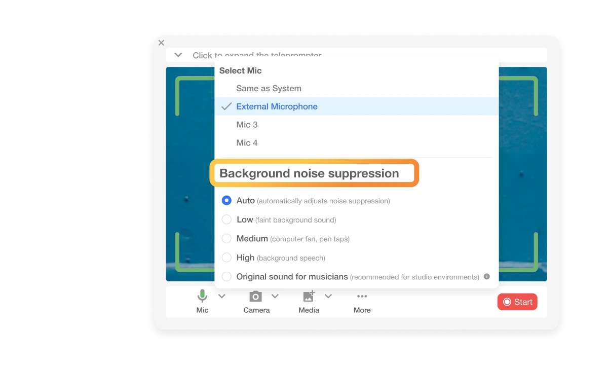 AI Noise Reduction in video recording, featuring background noise suppression for clear voice recording in any environment.